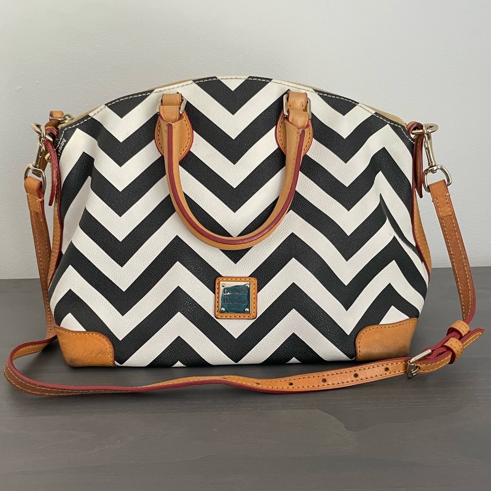 Dooney & Bourke Black/White Chevron Satchel with Crossbody Strap